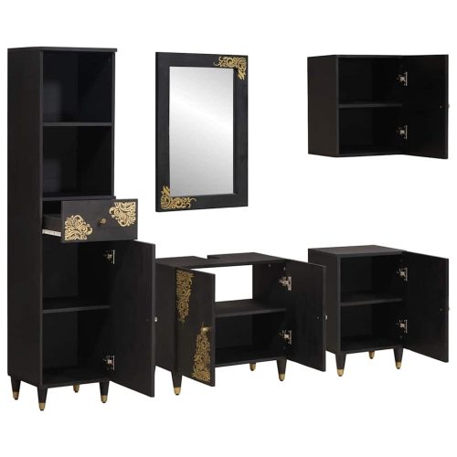  Fürdőszobai Szekrény Szett fiókkal 5 pcs Fekete Tömör Mangófát