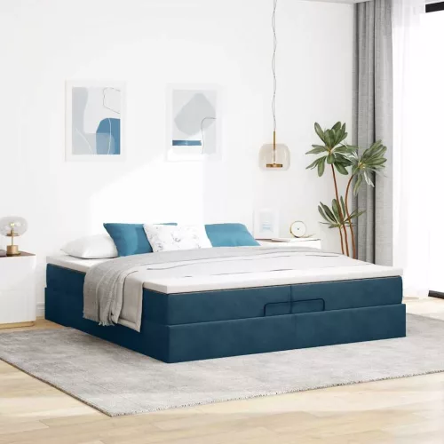  Ottomán ágykeret matracokkal Sötétkék 200x200cm bársony