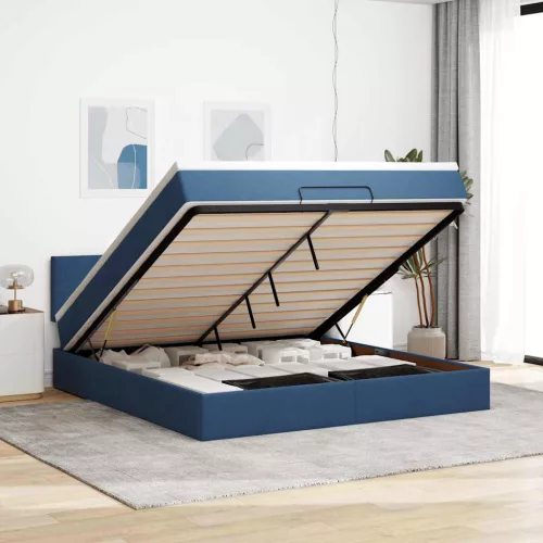  kék szövet ottomán ágy matraccal & LED-ek 180x200cm