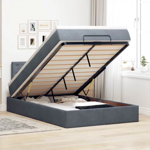  sötétszürke bársony ottomán ágy matraccal & LED-ek 120x190cm