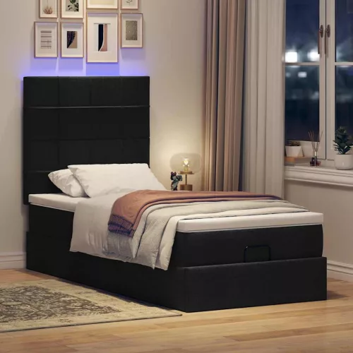  fekete szövet ottomán ágy matraccal & LED-ek 80x200cm