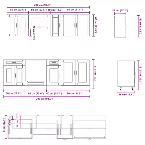  8 részes konyhaszekrény szett Porto füstölt tölgy műszaki fa