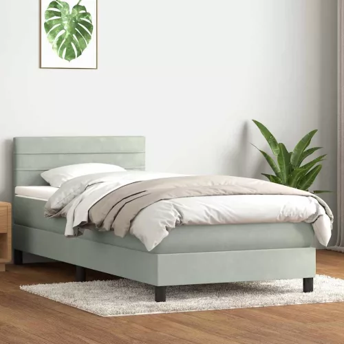  világosszürke bársony rugós ágy matraccal 90x210 cm