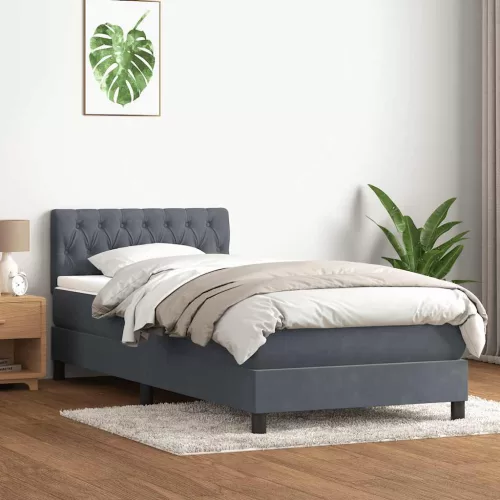 sötétszürke bársony rugós ágy matraccal 80x210 cm