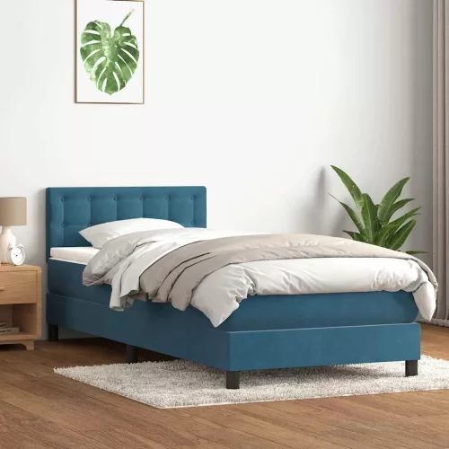  sötétkék bársony rugós ágy matraccal 80x220 cm