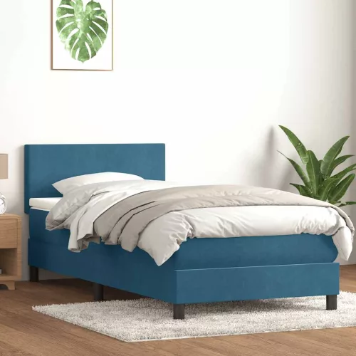  sötétkék bársony rugós és LED-es ágy matraccal 80x210 cm