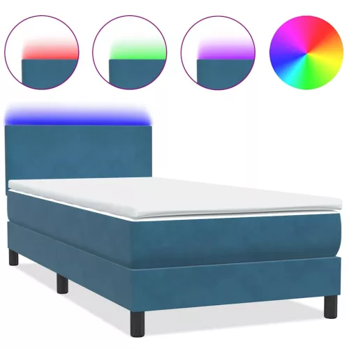  sötétkék bársony rugós és LED-es ágy matraccal 80x210 cm