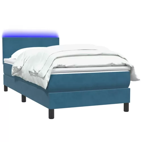  sötétkék bársony rugós és LED-es ágy matraccal 80x210 cm