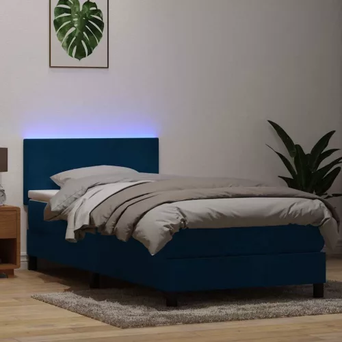  sötétkék bársony rugós és LED-es ágy matraccal 80x210 cm