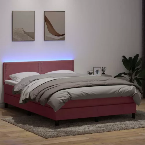  rózsaszín bársony rugós és LED-es ágy matraccal 160x220 cm
