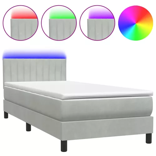  világosszürke bársony rugós és LED-es ágy matraccal 80x210 cm