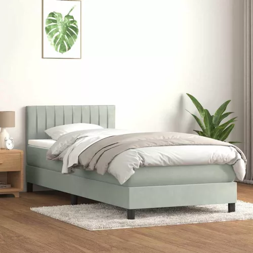  világosszürke bársony rugós és LED-es ágy matraccal 90x220 cm