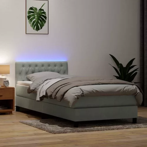  világosszürke bársony rugós és LED-es ágy matraccal 80x220 cm