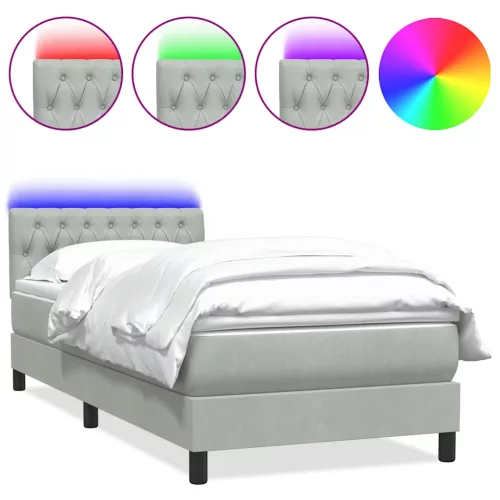  világosszürke bársony rugós és LED-es ágy matraccal 80x220 cm