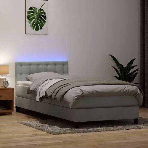  világosszürke bársony rugós és LED-es ágy matraccal 80x220 cm