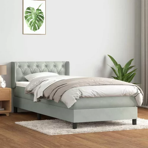  világosszürke bársony rugós ágy matraccal 80x220 cm
