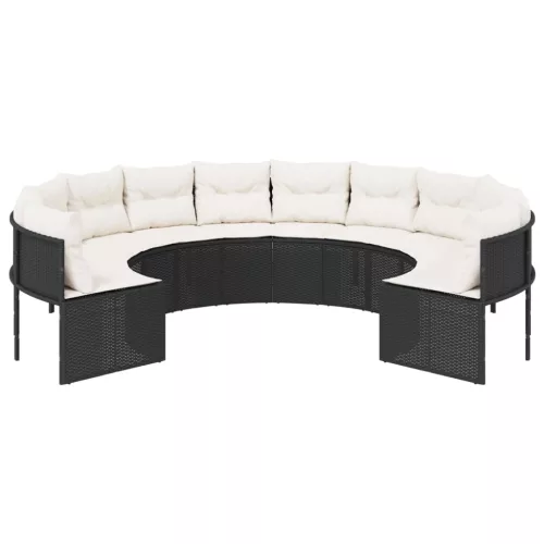  fekete polirattan kerek kerti kanapé párnákkal