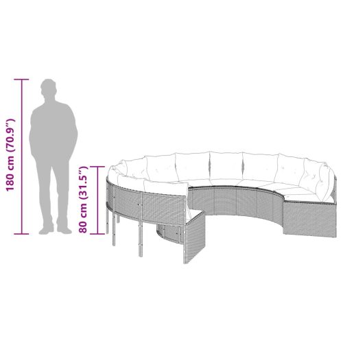  fekete polirattan kerek kerti kanapé párnákkal