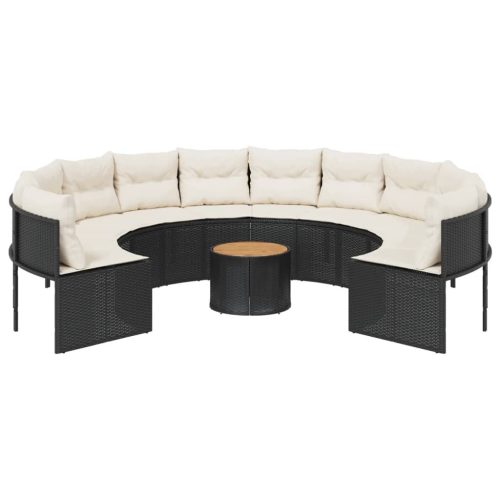  fekete polirattan kerek kerti kanapé asztallal és párnákkal