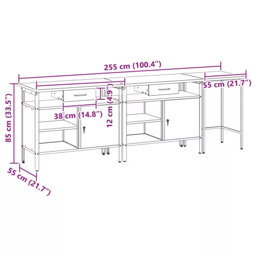  Munkapad készlet fiókkal polcokkal 3 pcs Fekete Porszórt acél