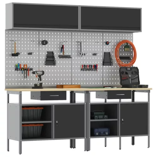  Munkapad készlet fiókkal polcokkal tárolóval 8 pcs Fekete Acél