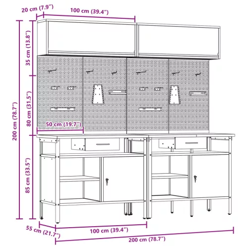  Munkapad készlet fiókkal polcokkal tárolóval 8 pcs Fekete Acél