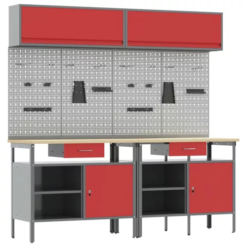  Munkapad készlet fiókkal polcokkal tárolóval 8 pcs Piros Acél