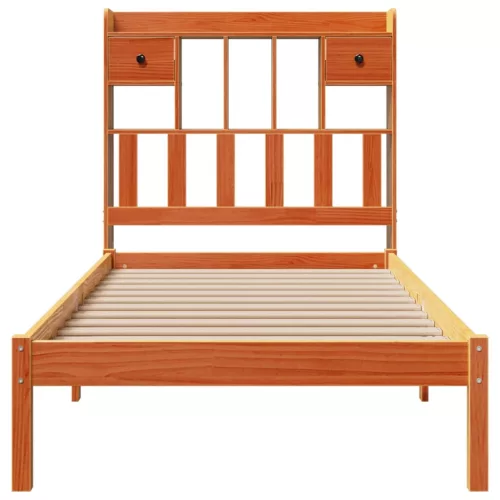  barna tömör fenyőfa könyvespolcos ágy matrac nélkül 100 x 200cm