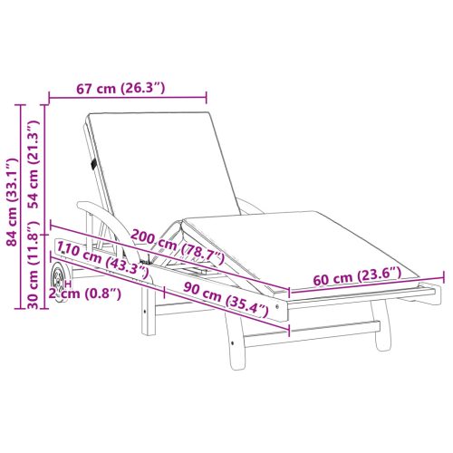  Napozók 2 db Párnával és Kerekekkel Piros Tömör Akác