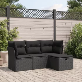    4 részes fekete polyrattan kerti ülőgarnitúra párnákkal