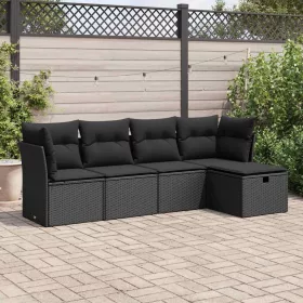  5 részes fekete polyrattan kerti kanapészett párnákkal
