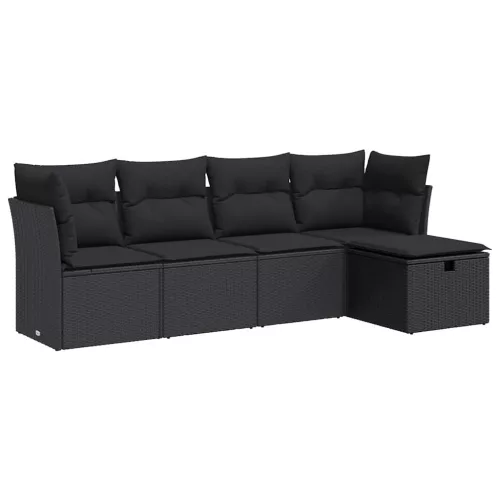  5 részes fekete polyrattan kerti kanapészett párnákkal