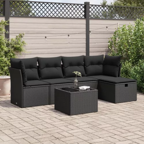  6 részes fekete polyrattan kerti ülőgarnitúra párnákkal