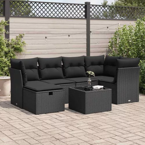  7 részes fekete polyrattan kerti ülőgarnitúra párnával