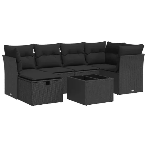  7 részes fekete polyrattan kerti ülőgarnitúra párnával