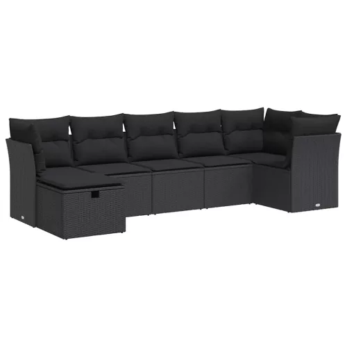  7 részes fekete polyrattan kerti ülőgarnitúra párnával