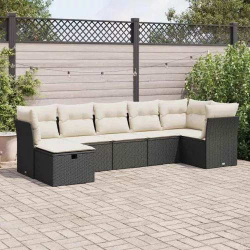  7 részes fekete polyrattan kerti ülőgarnitúra párnával