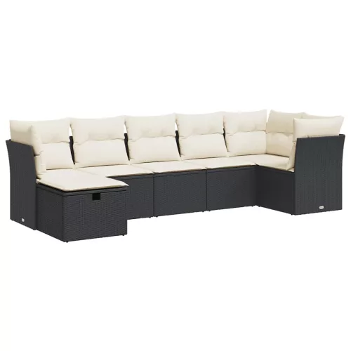  7 részes fekete polyrattan kerti ülőgarnitúra párnával