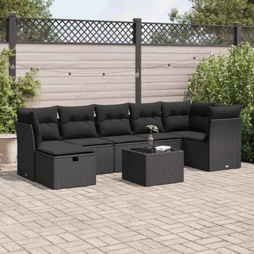  8 részes fekete polyrattan kerti ülőgarnitúra párnákkal