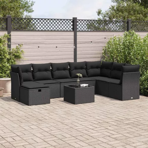  9 részes fekete polyrattan kerti ülőgarnitúra párnákkal