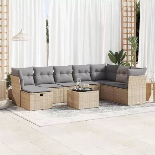  9 részes bézs polyrattan kerti ülőgarnitúra párnákkal