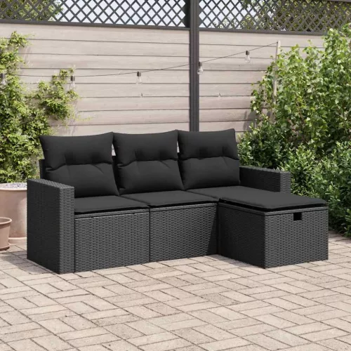  4 részes fekete polyrattan kerti ülőgarnitúra párnákkal