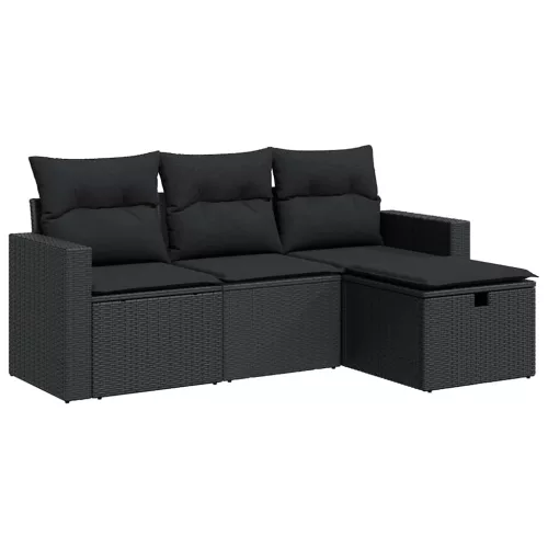  4 részes fekete polyrattan kerti ülőgarnitúra párnákkal