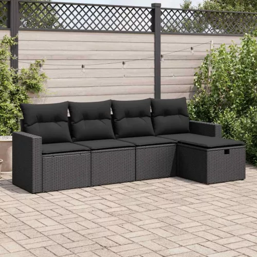  5 részes fekete polyrattan kerti kanapészett párnákkal