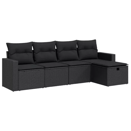  5 részes fekete polyrattan kerti kanapészett párnákkal