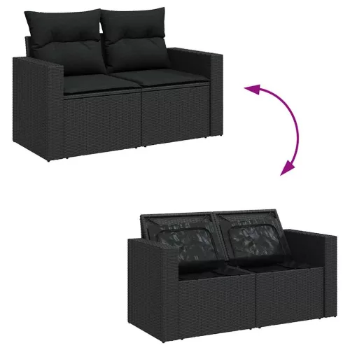  5 részes fekete polyrattan kerti kanapészett párnákkal