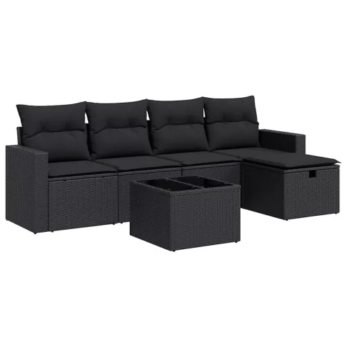  6 részes fekete polyrattan kerti ülőgarnitúra párnákkal