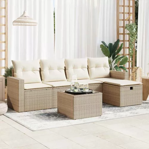  6 részes bézs polyrattan kerti ülőgarnitúra párnával