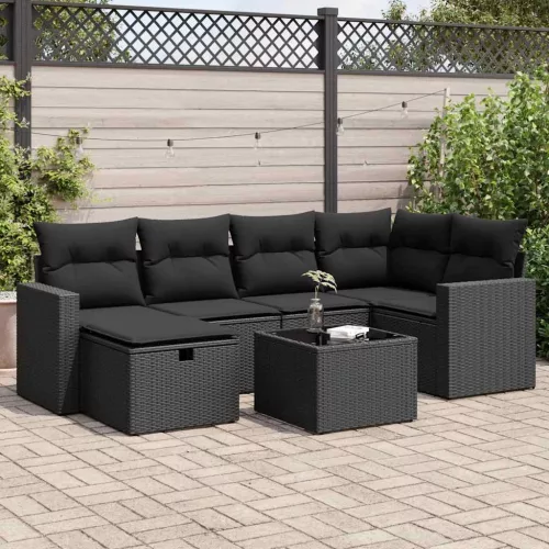  7 részes fekete polyrattan kerti ülőgarnitúra párnával