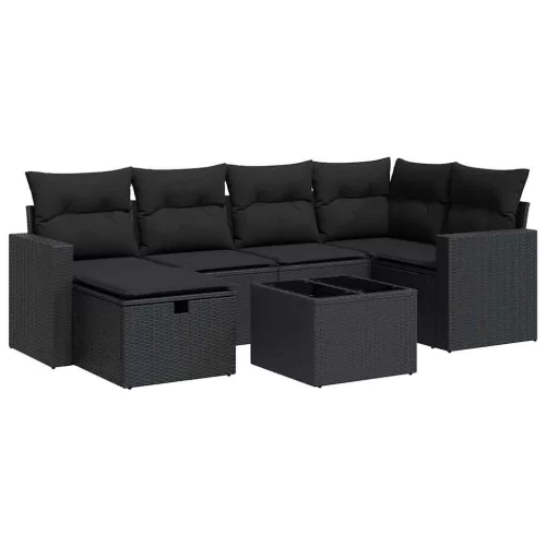  7 részes fekete polyrattan kerti ülőgarnitúra párnával